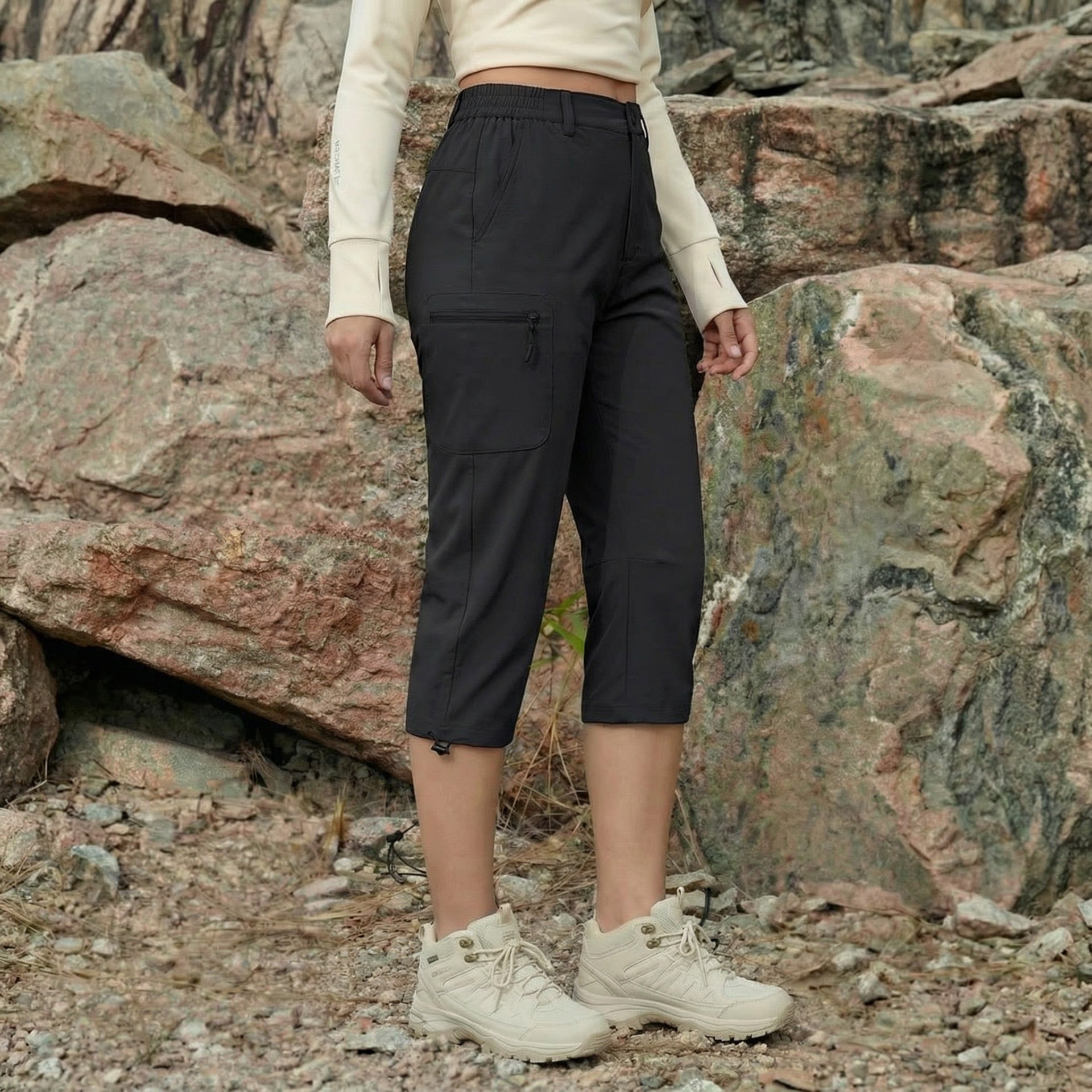 Women's Lightweight Water-Resistant Hiking Capris with 5 Pockets Light Grey by MAGCOMSEN #Color_Black