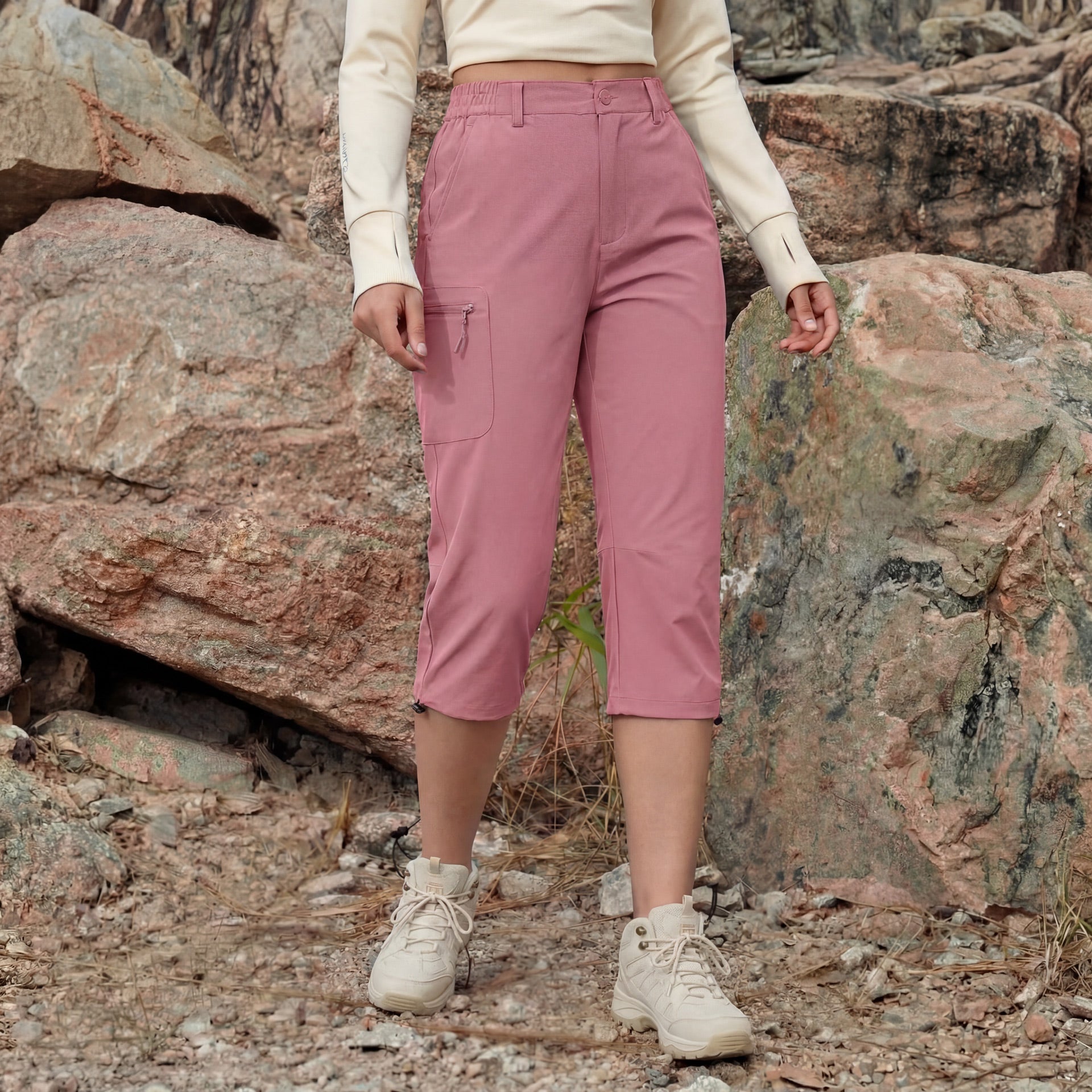 Women's Lightweight Water-Resistant Hiking Capris with 5 Pockets Light Grey by MAGCOMSEN #Color_Grey Pink