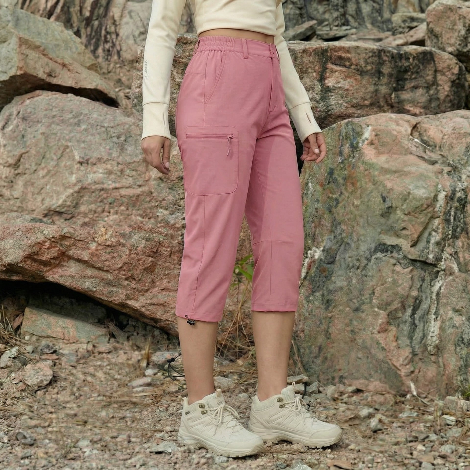 Women's Lightweight Water-Resistant Hiking Capris with 5 Pockets Light Grey by MAGCOMSEN #Color_Grey Pink