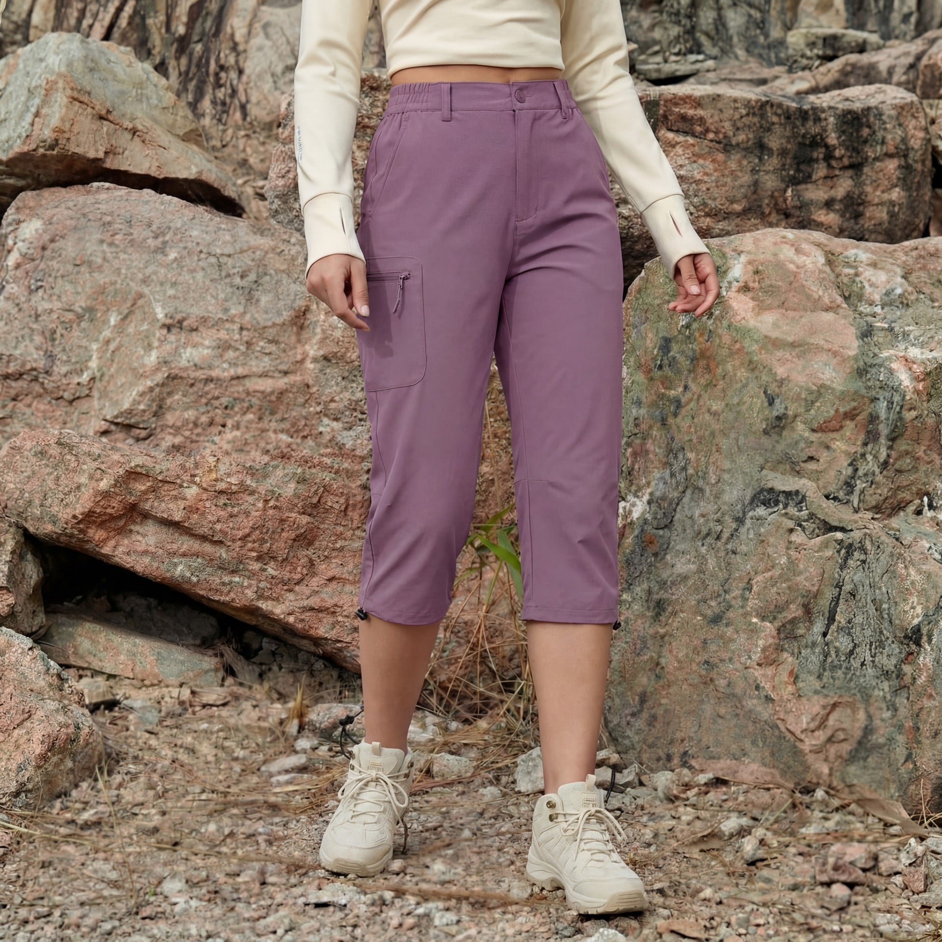 Women's Lightweight Water-Resistant Hiking Capris with 5 Pockets Light Grey by MAGCOMSEN #Color_Lotus Pink