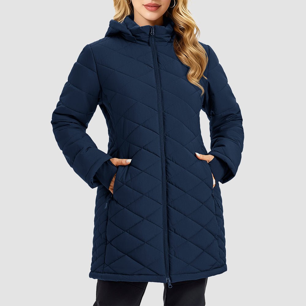 Navy Women's Long Quilted Puffer Parka Lightweight Waterproof Winter Coat with Hood - MAGCOMSEN