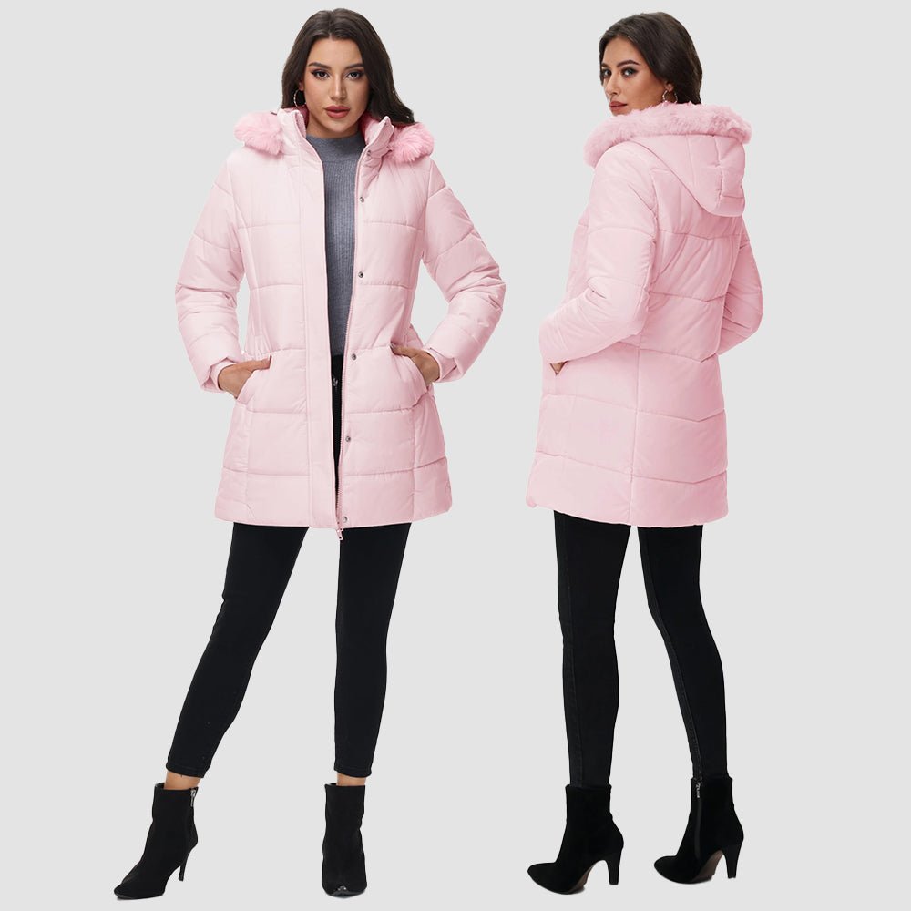 Pink Women's Long Sherpa Lined Puffer Coat - Thick Fleece Winter Parka with Hood - MAGCOMSEN