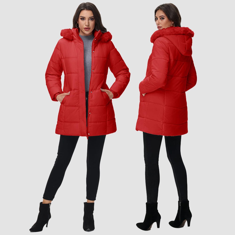 Red Women's Long Sherpa Lined Puffer Coat - Thick Fleece Winter Parka with Hood - MAGCOMSEN