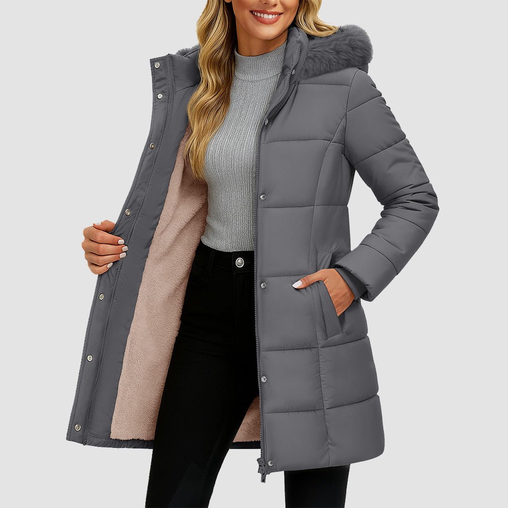 Army Green Women's Long Sherpa Lined Puffer Coat - Thick Fleece Winter Parka with Hood - MAGCOMSEN