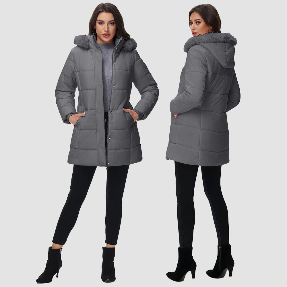 Grey Women's Long Sherpa Lined Puffer Coat - Thick Fleece Winter Parka with Hood - MAGCOMSEN