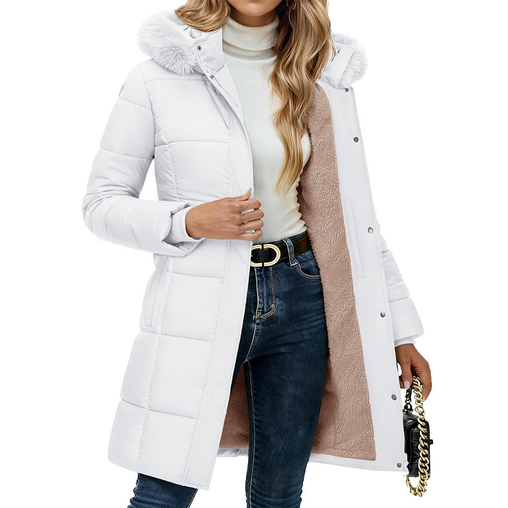White Women's Long Sherpa Lined Puffer Coat - Thick Fleece Winter Parka with Hood - MAGCOMSEN