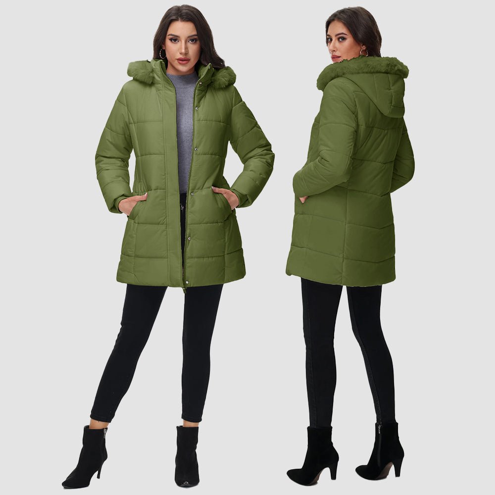 Army Green Women's Long Sherpa Lined Puffer Coat - Thick Fleece Winter Parka with Hood - MAGCOMSEN
