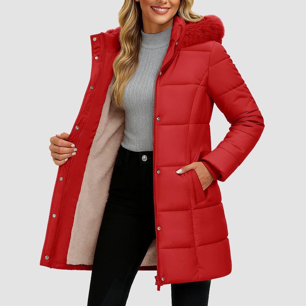 Red Women's Long Sherpa Lined Puffer Coat - Thick Fleece Winter Parka with Hood - MAGCOMSEN