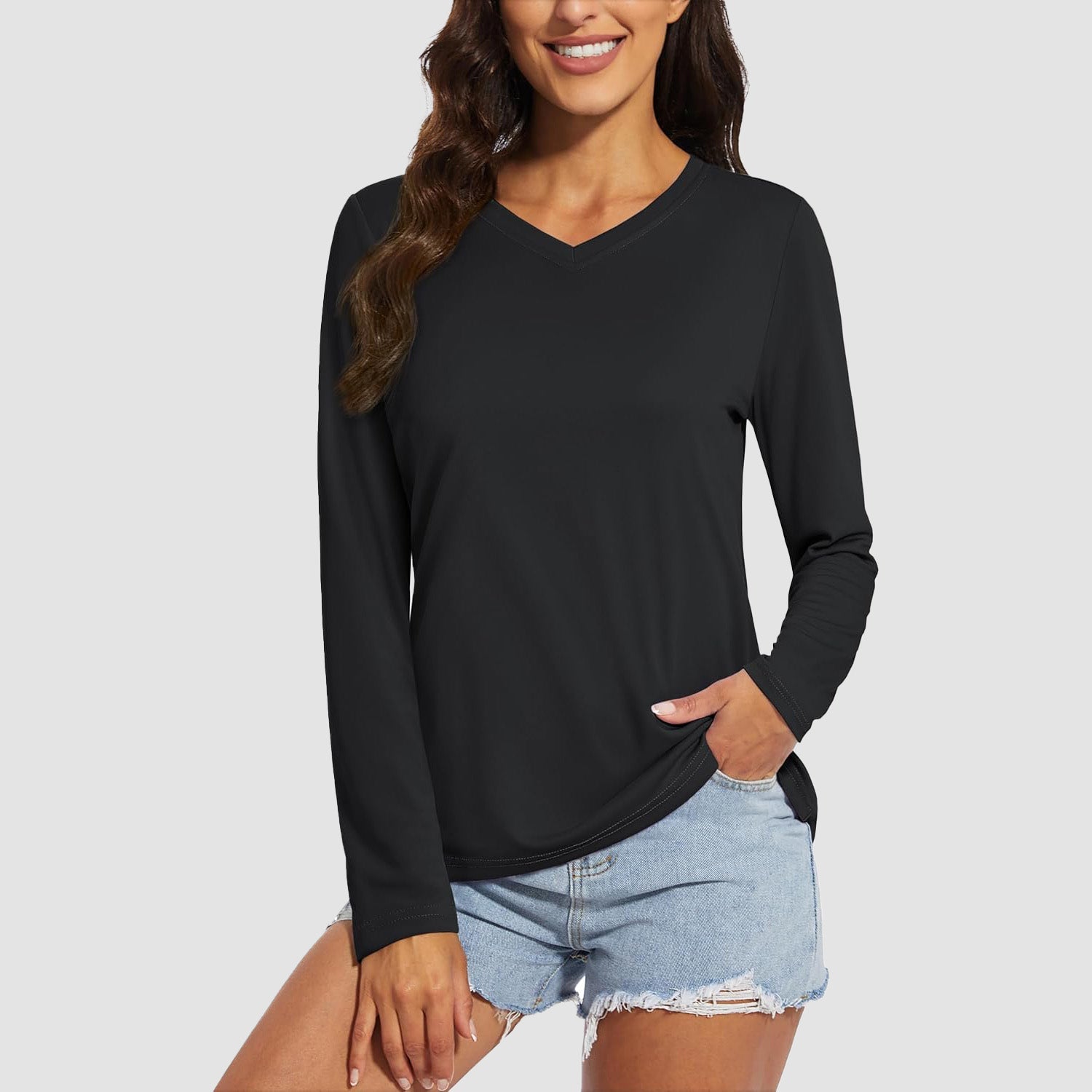 Black Women's Long Sleeve UPF 50+ V-Neck Hiking & Workout Shirt - MAGCOMSEN