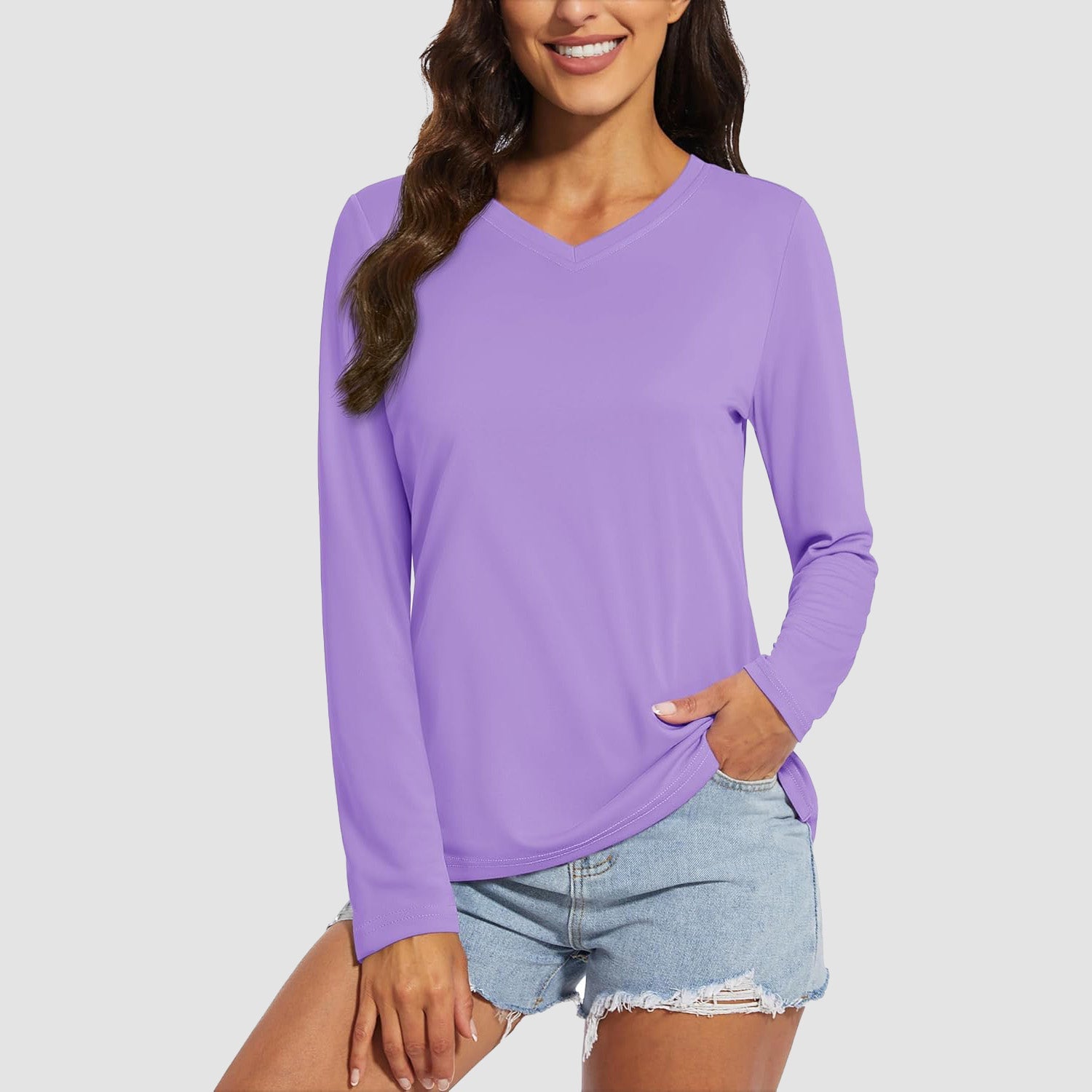 Light Purple Women's Long Sleeve UPF 50+ V-Neck Hiking & Workout Shirt - MAGCOMSEN