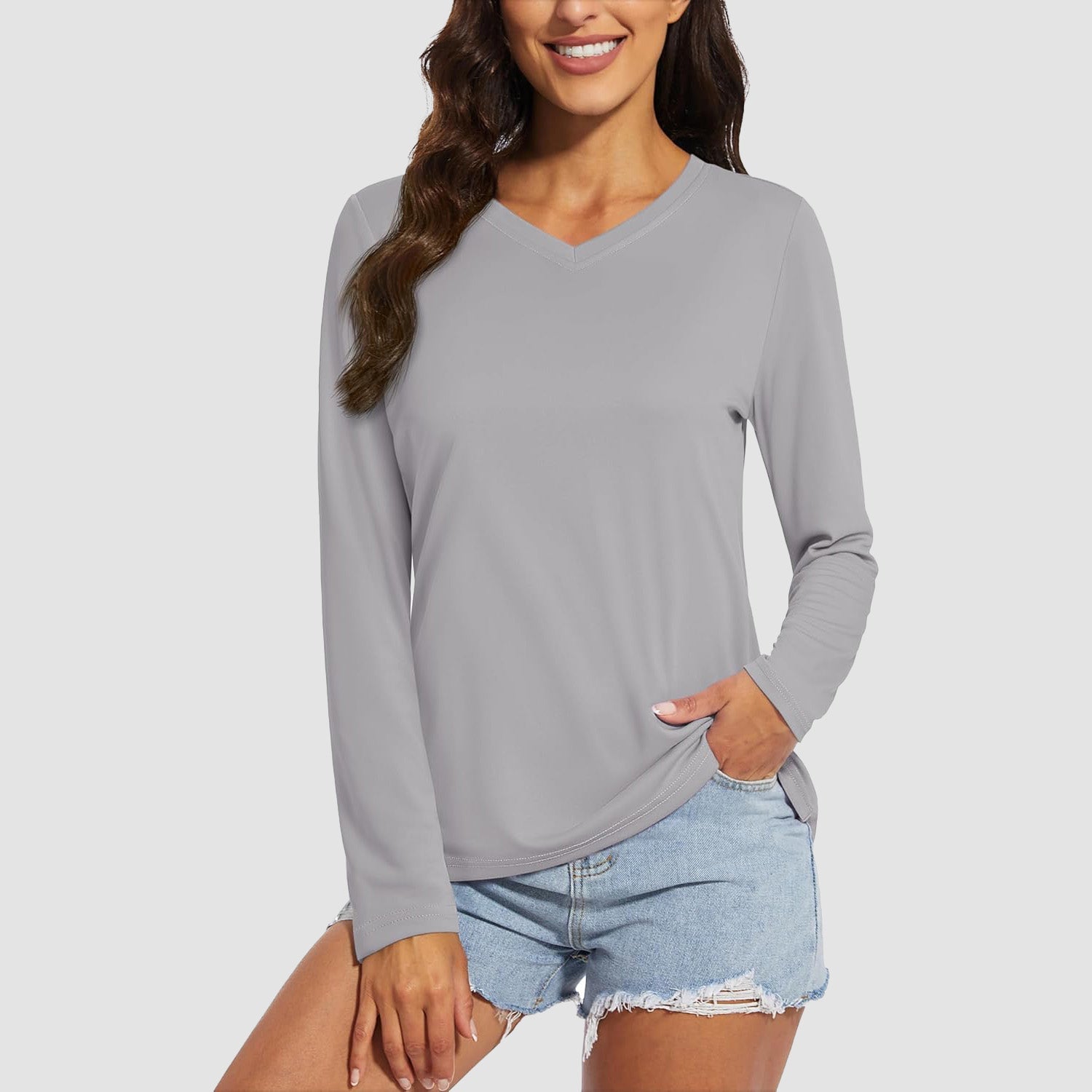 Light Grey Women's Long Sleeve UPF 50+ V-Neck Hiking & Workout Shirt - MAGCOMSEN