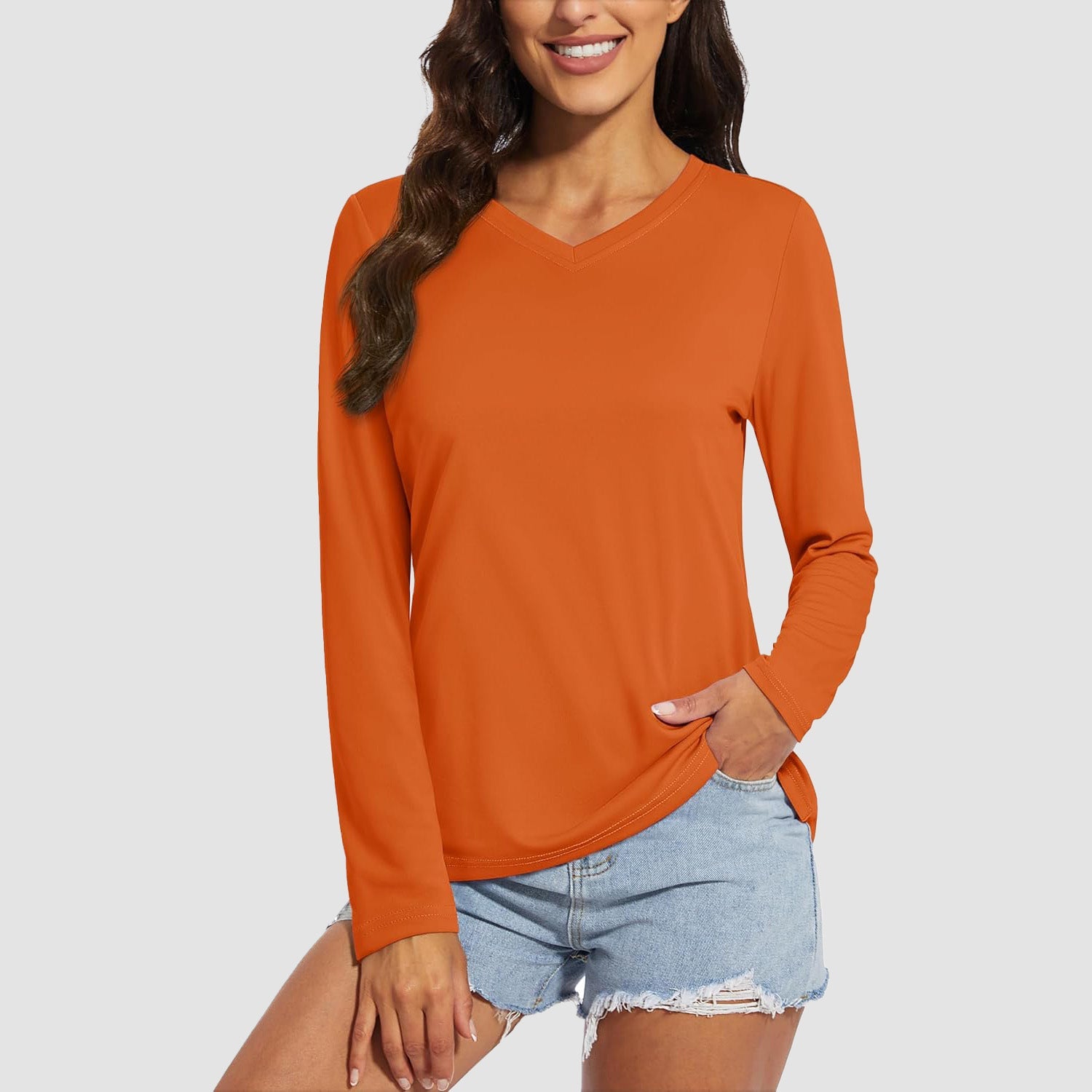Dark Orange Women's Long Sleeve UPF 50+ V-Neck Hiking & Workout Shirt - MAGCOMSEN