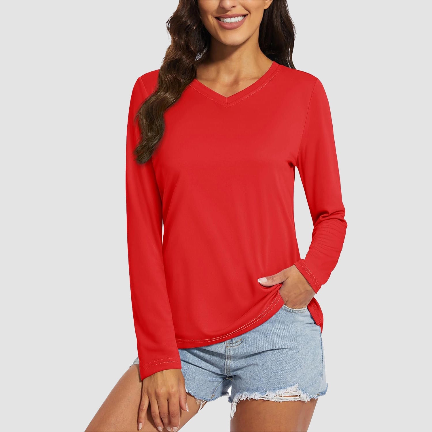 Red Women's Long Sleeve UPF 50+ V-Neck Hiking & Workout Shirt - MAGCOMSEN
