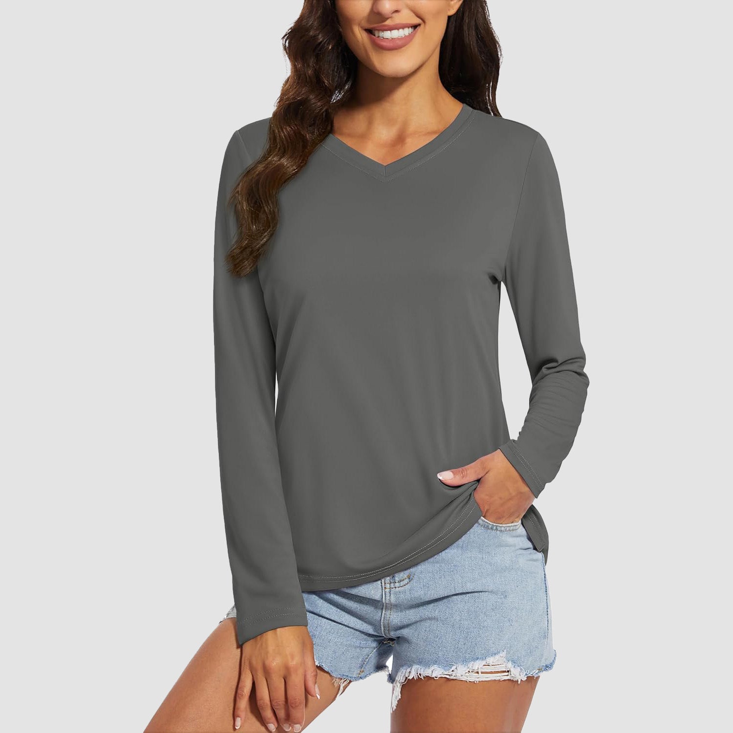 Dark Grey Women's Long Sleeve UPF 50+ V-Neck Hiking & Workout Shirt - MAGCOMSEN