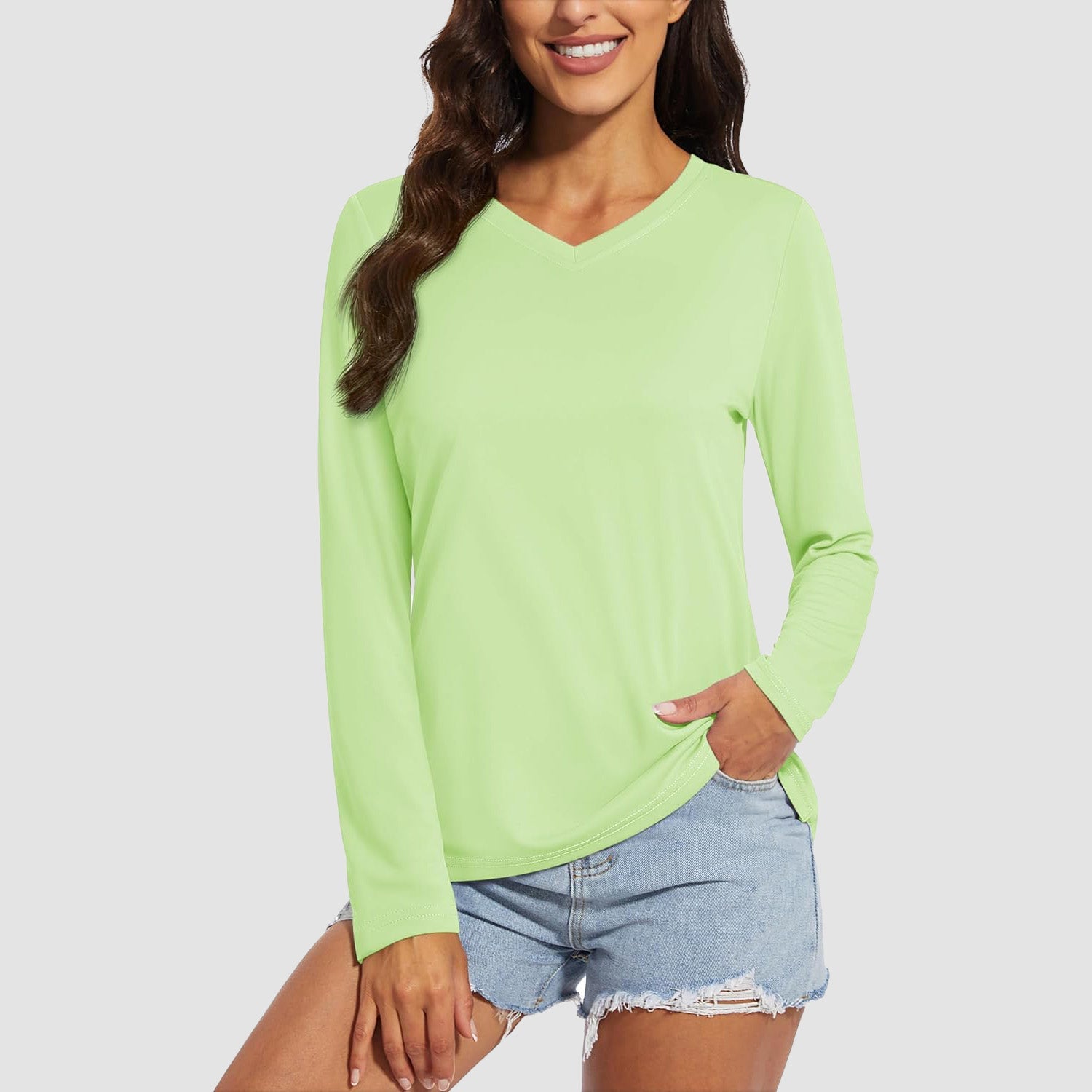 Light Green Women's Long Sleeve UPF 50+ V-Neck Hiking & Workout Shirt - MAGCOMSEN