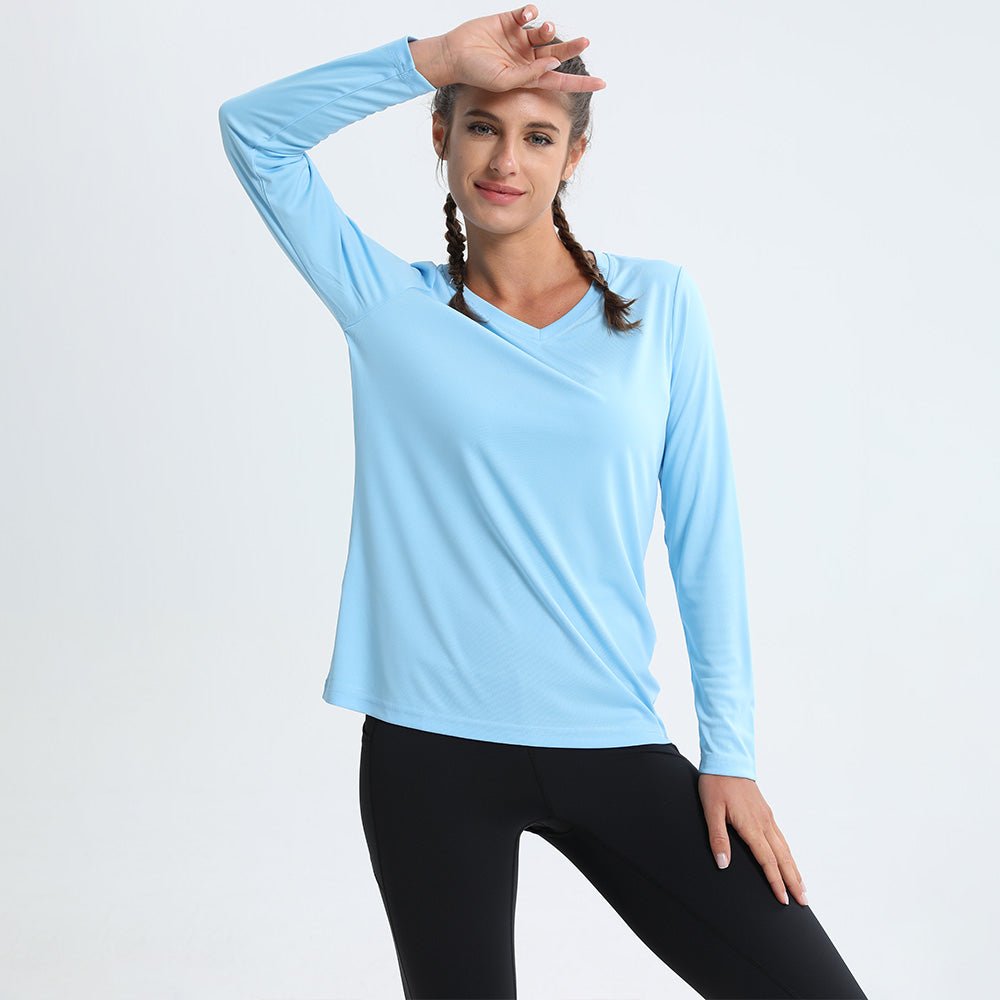 Light Blue2 Women's Long Sleeve UPF 50+ V - Neck Hiking & Workout Shirt - MAGCOMSEN