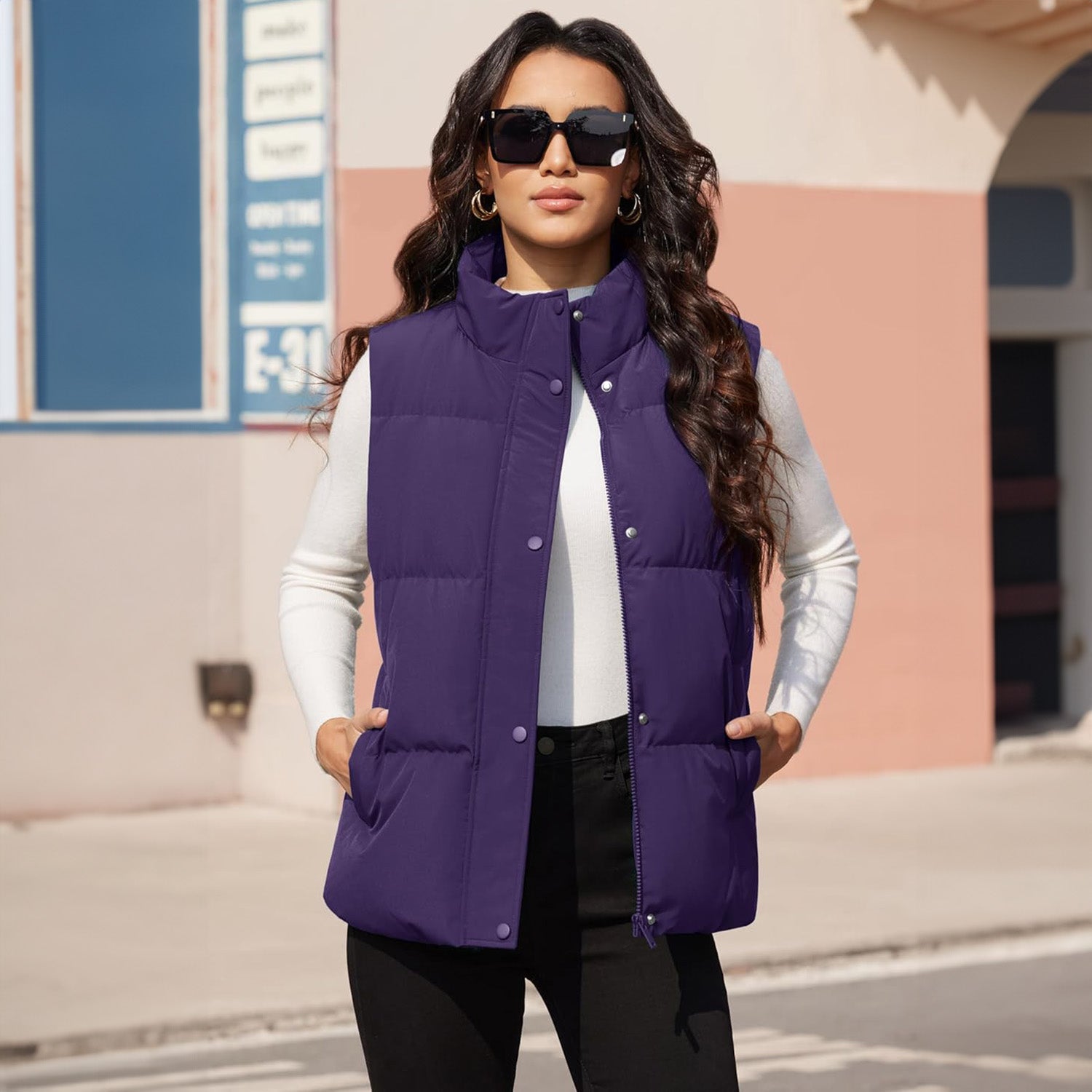 Dark Purple Women's Oversized Puffer Vest - MAGCOMSEN