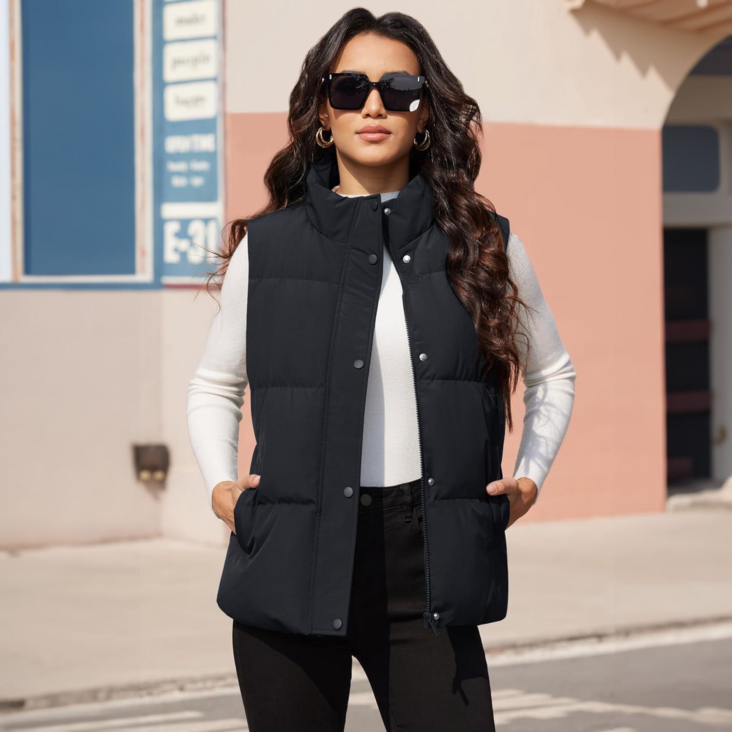 Black Women's Oversized Puffer Vest - MAGCOMSEN