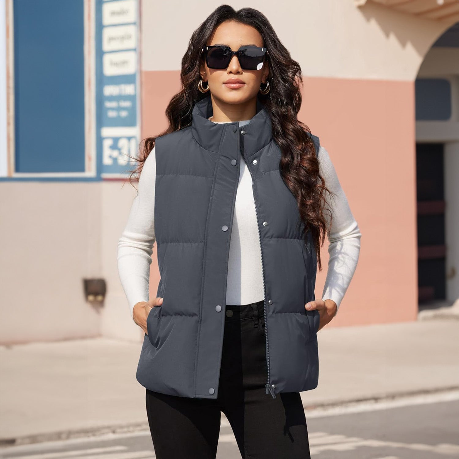 Dark Grey Women's Oversized Puffer Vest - MAGCOMSEN