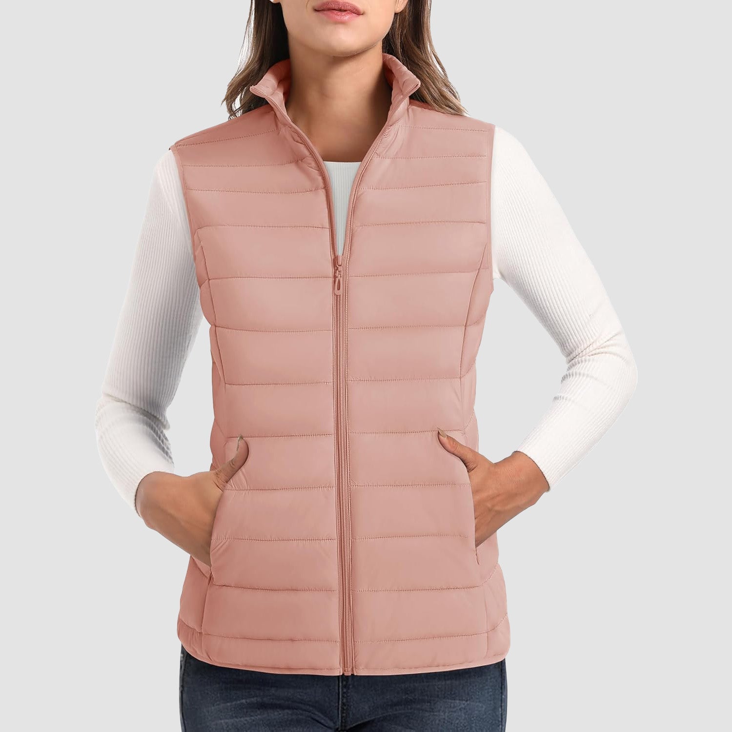 Apricot Women's Lightweight Puffer Vest with 4 Pockets & Stand Collar - MAGCOMSEN
