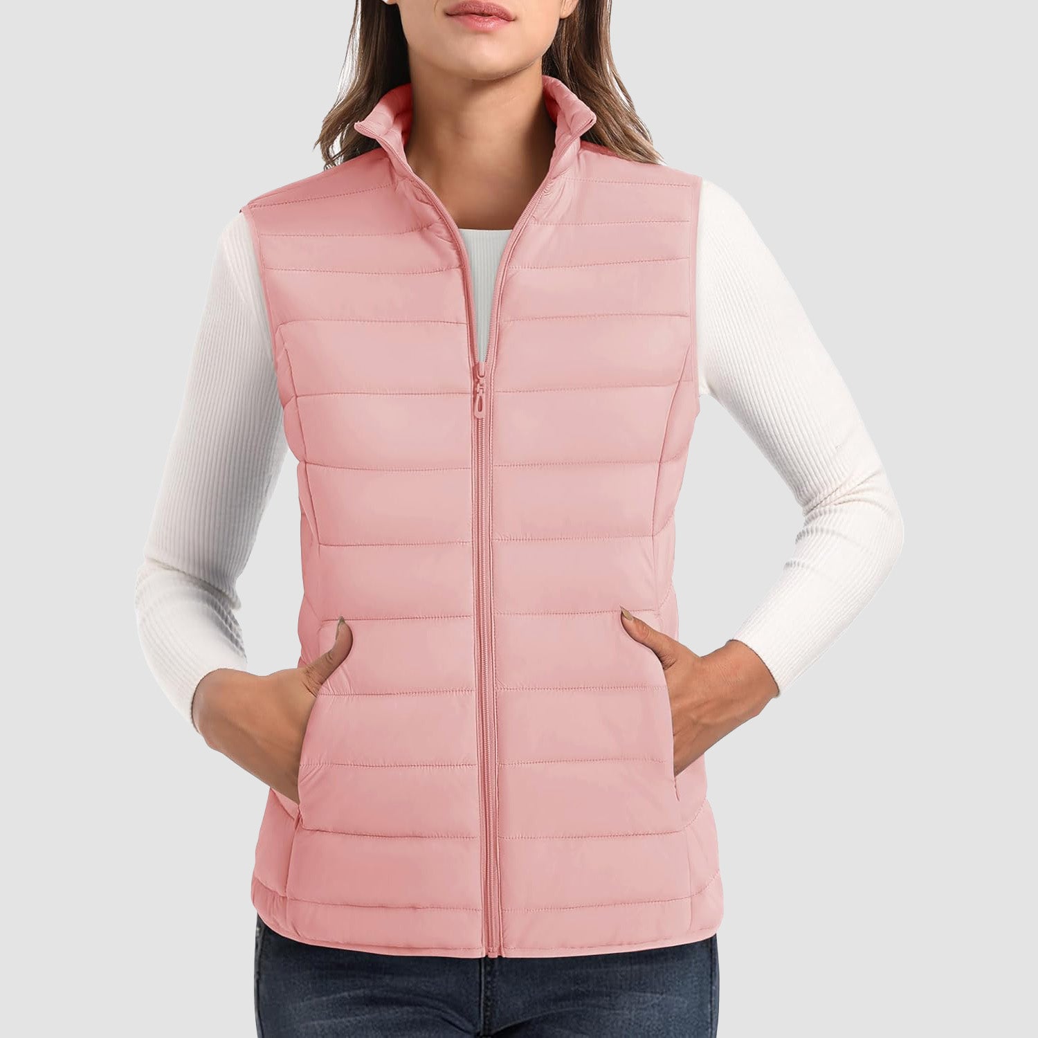 Pink Women's Lightweight Puffer Vest with 4 Pockets & Stand Collar - MAGCOMSEN