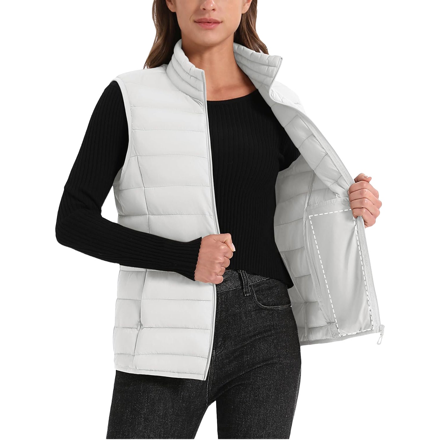 White Women's Lightweight Puffer Vest with 4 Pockets & Stand Collar - MAGCOMSEN