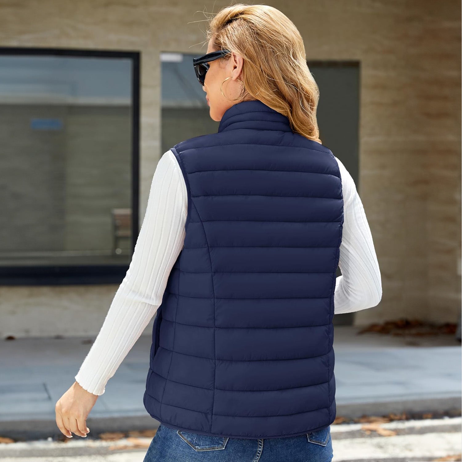 Navy Women's Lightweight Puffer Vest with 4 Pockets & Stand Collar - MAGCOMSEN