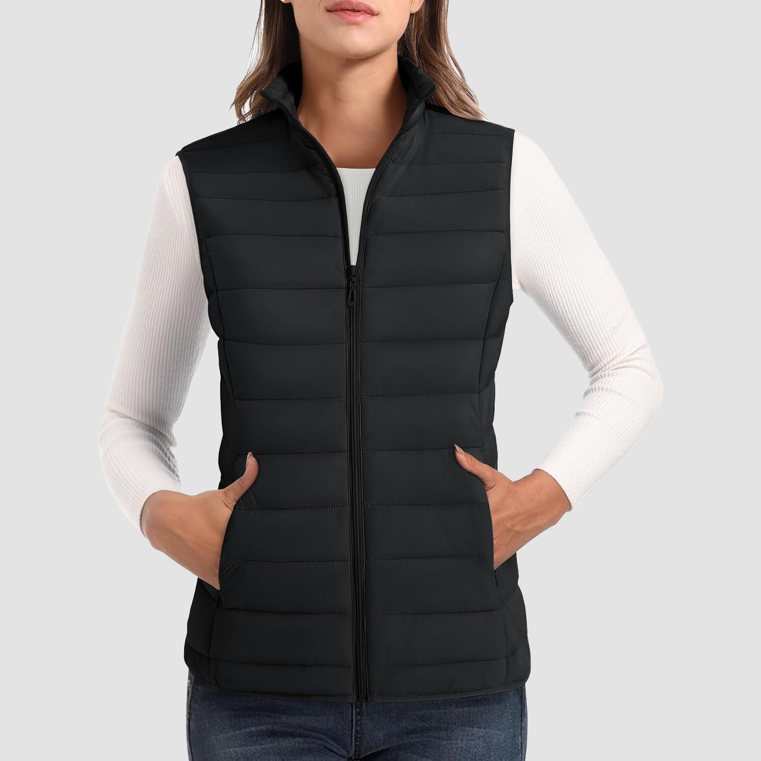 Black Women's Lightweight Puffer Vest with 4 Pockets & Stand Collar - MAGCOMSEN