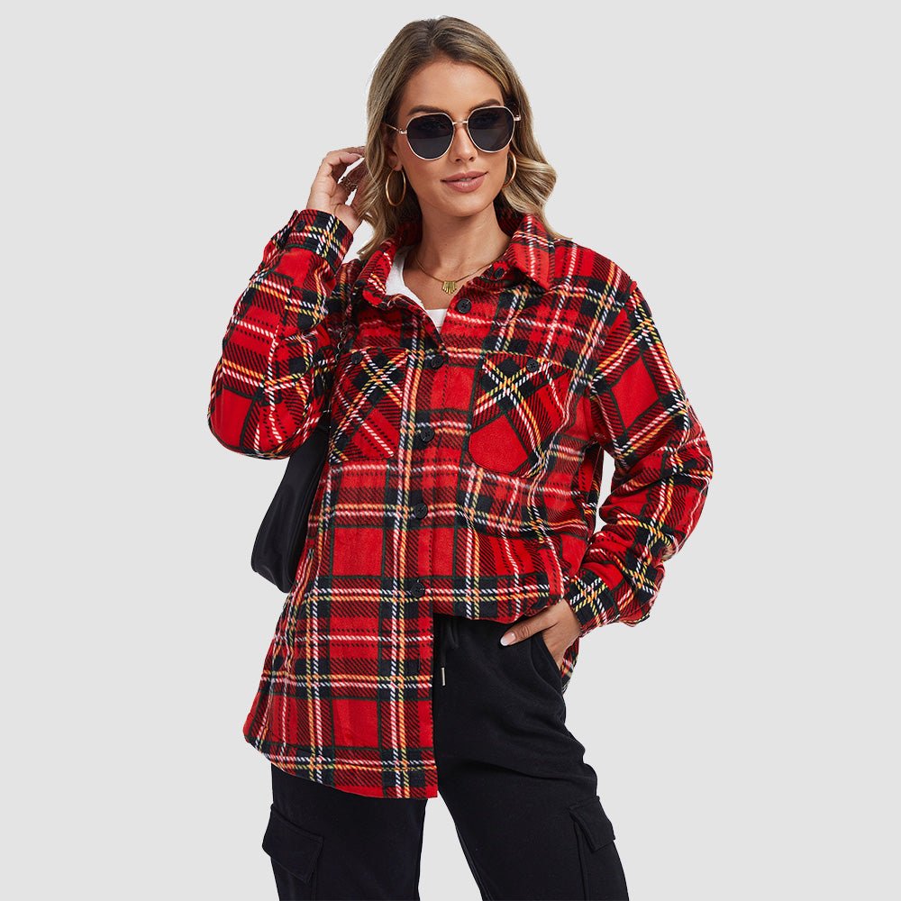 Red Black Women's Sherpa Lined Flannel Shacket - Warm Plaid Button Down Winter Jacket - MAGCOMSEN