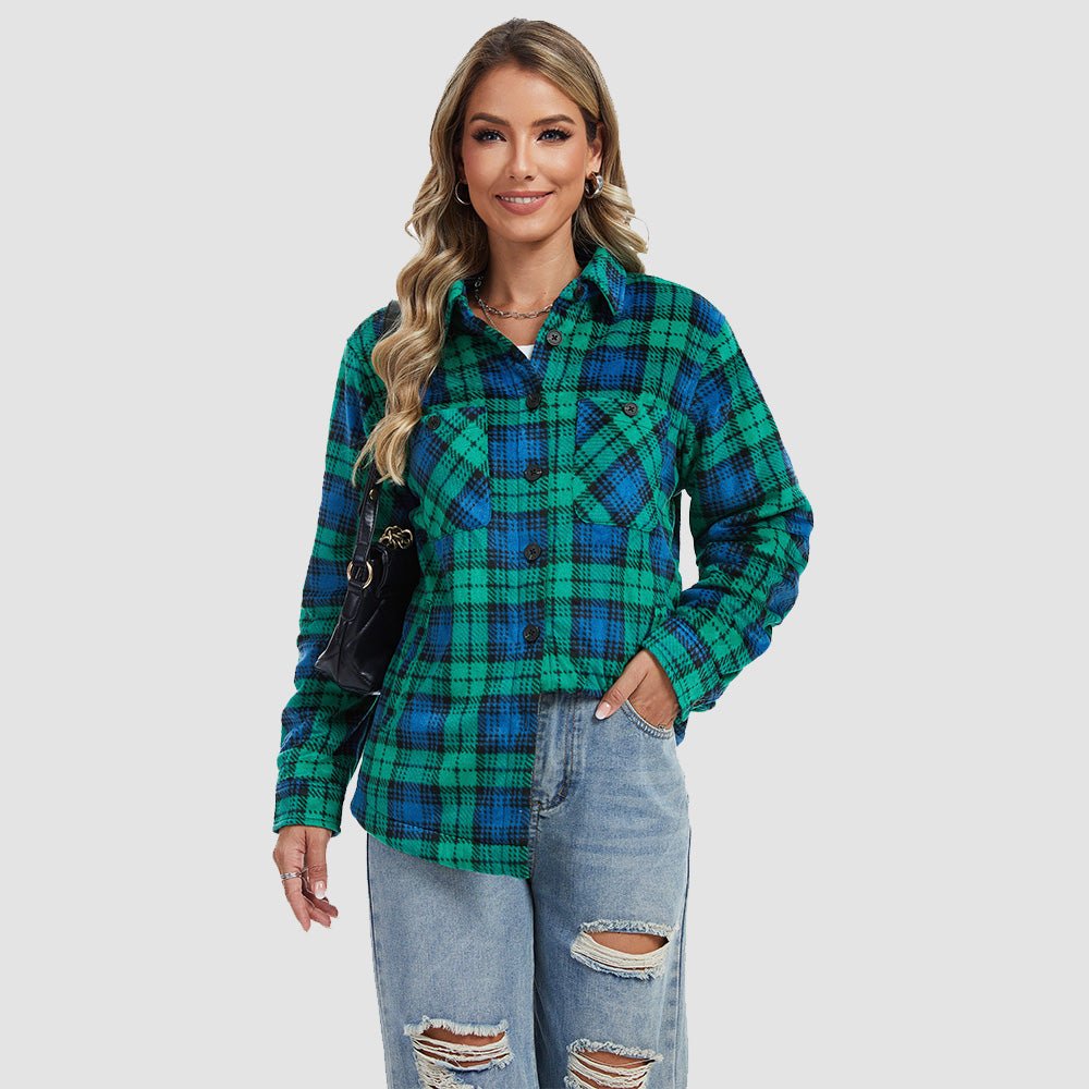 Blue White Women's Sherpa Lined Flannel Shacket - Warm Plaid Button Down Winter Jacket - MAGCOMSEN