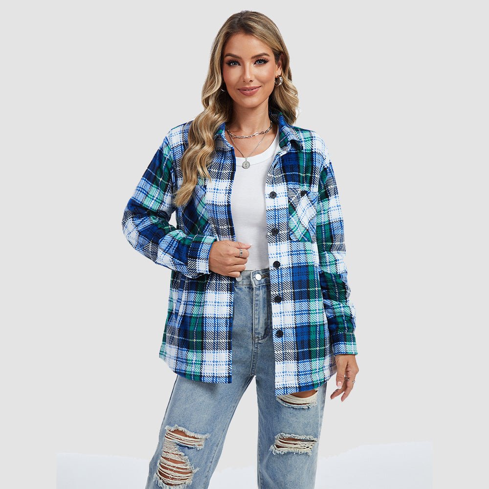 Blue White Women's Sherpa Lined Flannel Shacket - Warm Plaid Button Down Winter Jacket - MAGCOMSEN