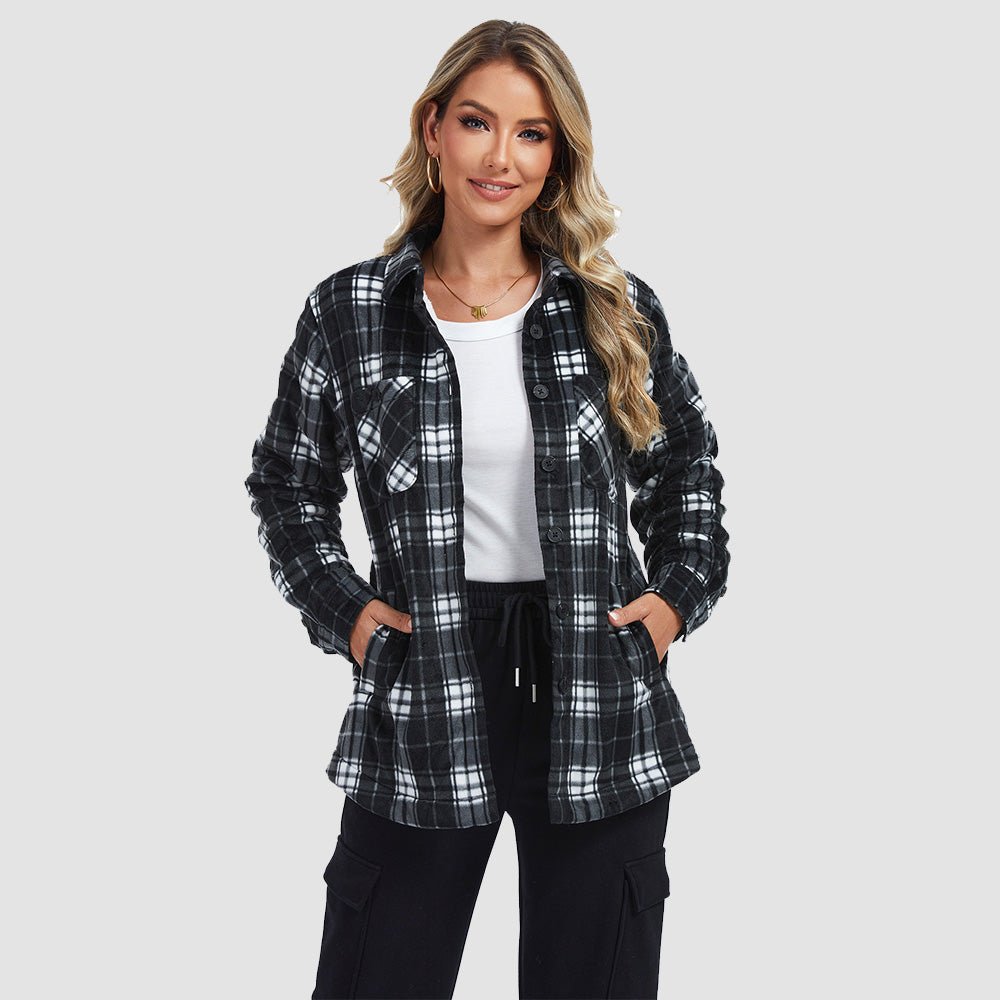 Black White Women's Sherpa Lined Flannel Shacket - Warm Plaid Button Down Winter Jacket - MAGCOMSEN