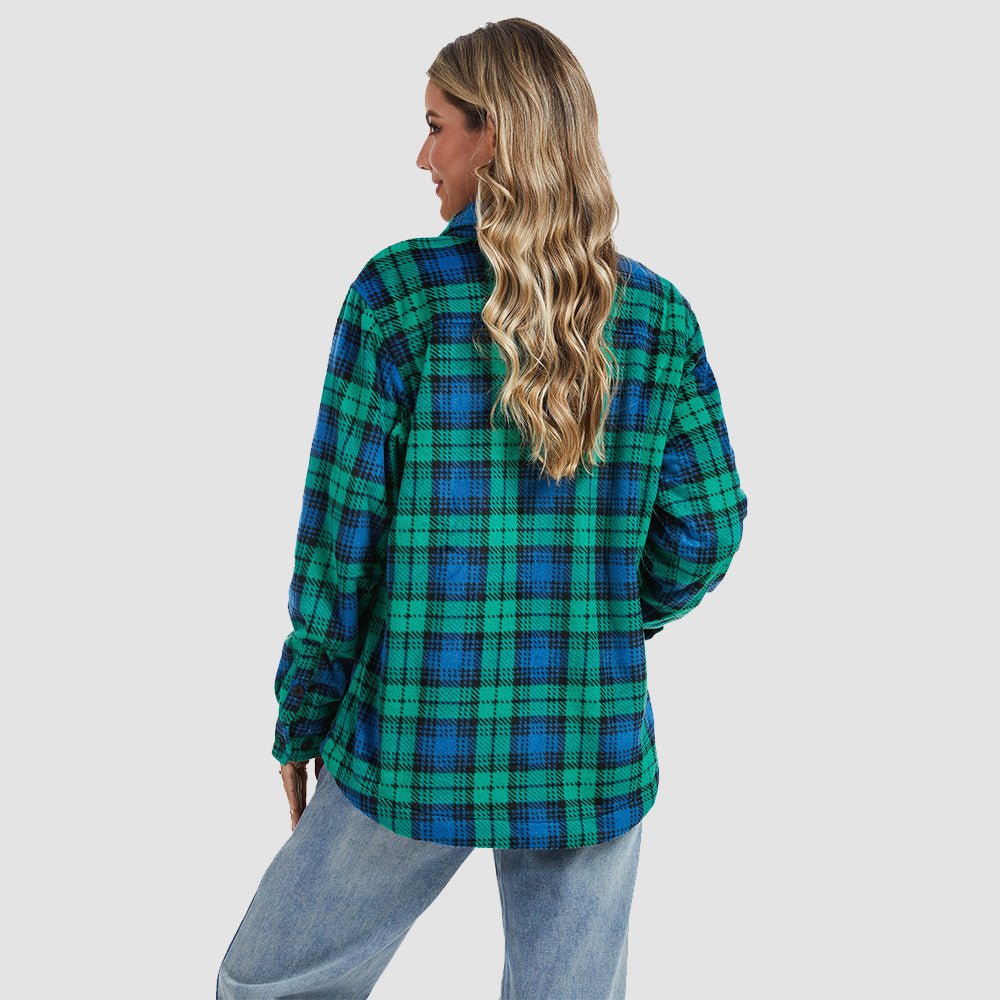 Green Blue Women's Sherpa Lined Flannel Shacket - Warm Plaid Button Down Winter Jacket - MAGCOMSEN