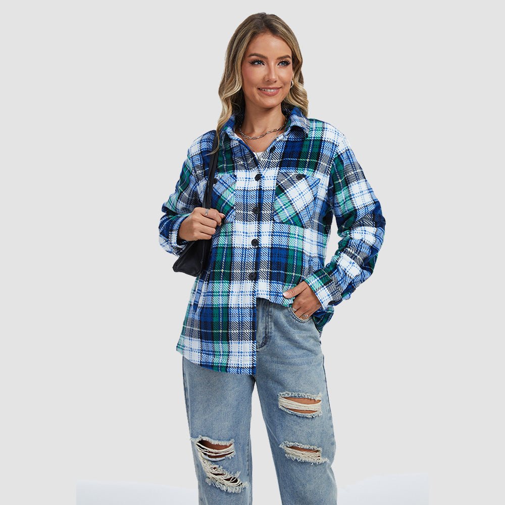 Black White Women's Sherpa Lined Flannel Shacket - Warm Plaid Button Down Winter Jacket - MAGCOMSEN