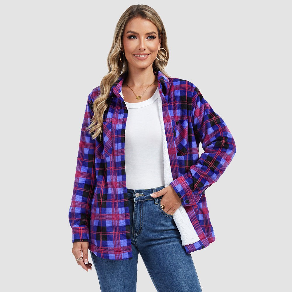 Purple Black Women's Sherpa Lined Flannel Shacket - Warm Plaid Button Down Winter Jacket - MAGCOMSEN