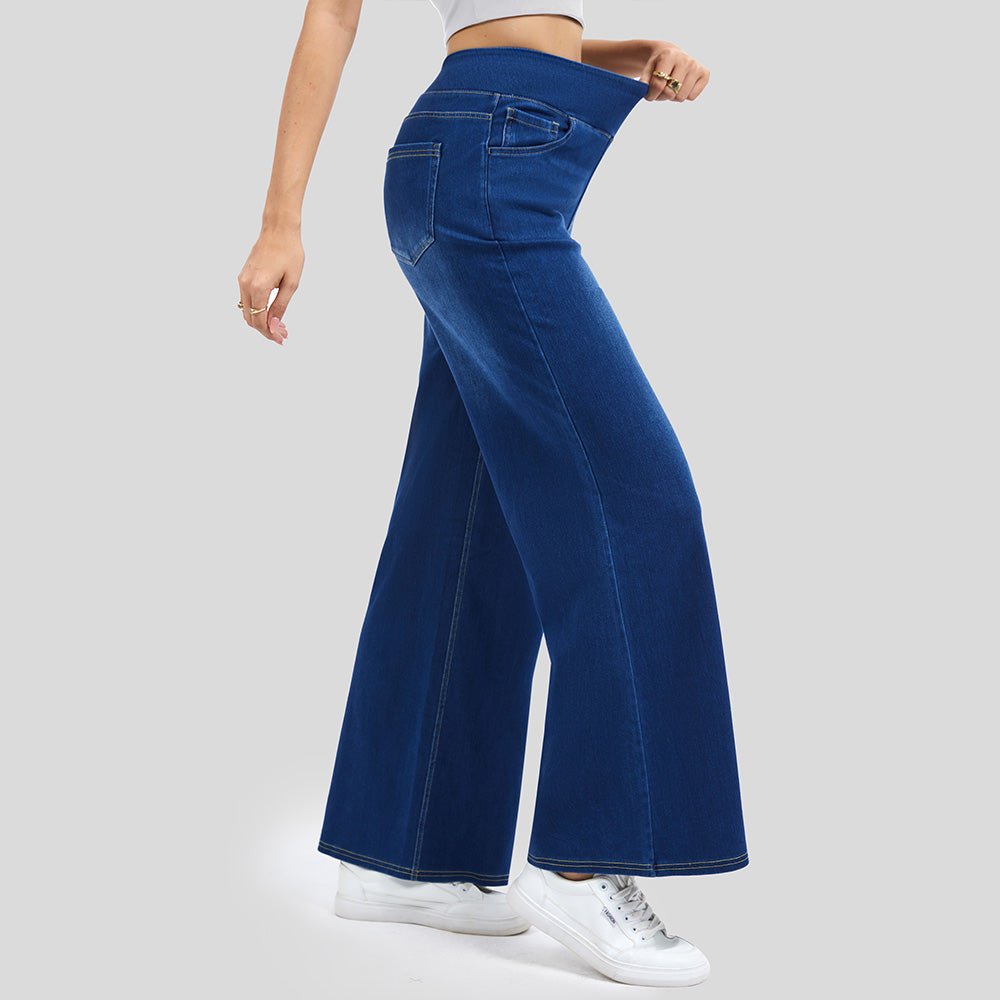 Deep Blue Women's Stretchy Wide Leg Jeans Relaxed Fit Elastic Waist Pants - MAGCOMSEN