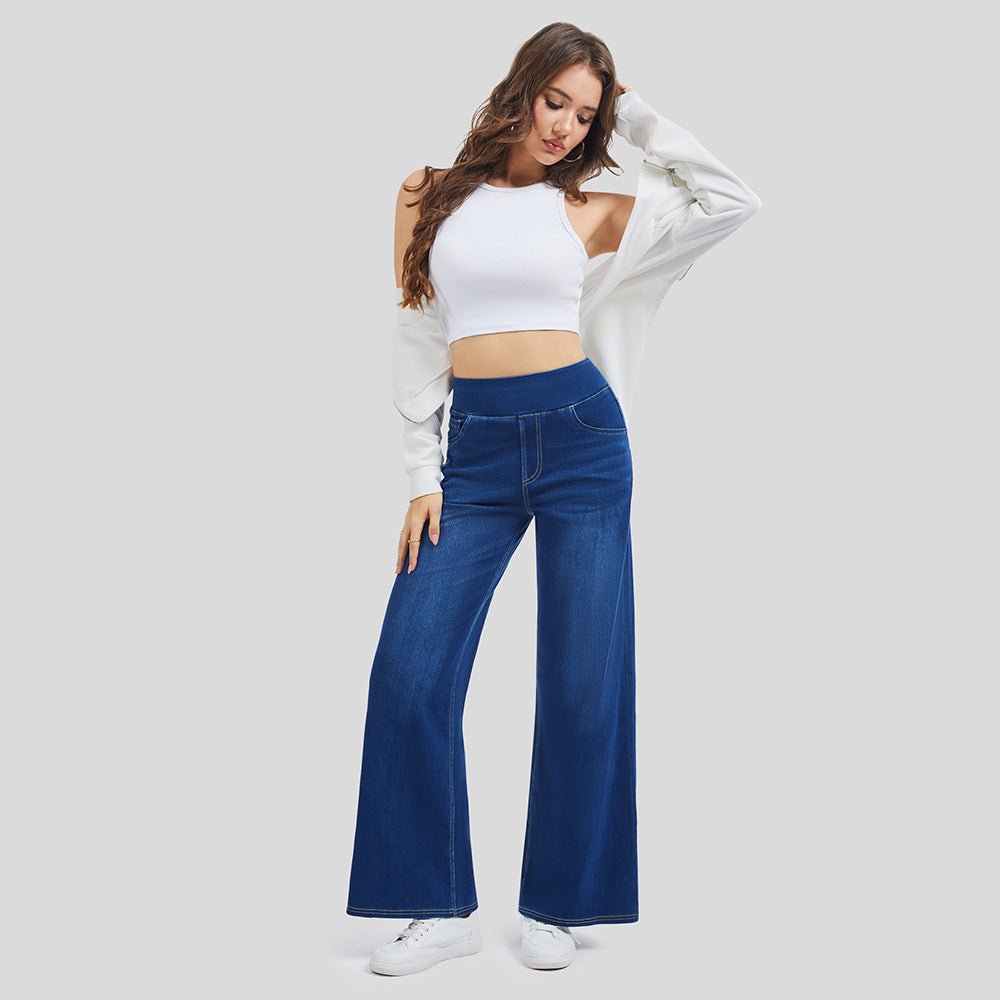 Deep Blue Women's Stretchy Wide Leg Jeans Relaxed Fit Elastic Waist Pants - MAGCOMSEN
