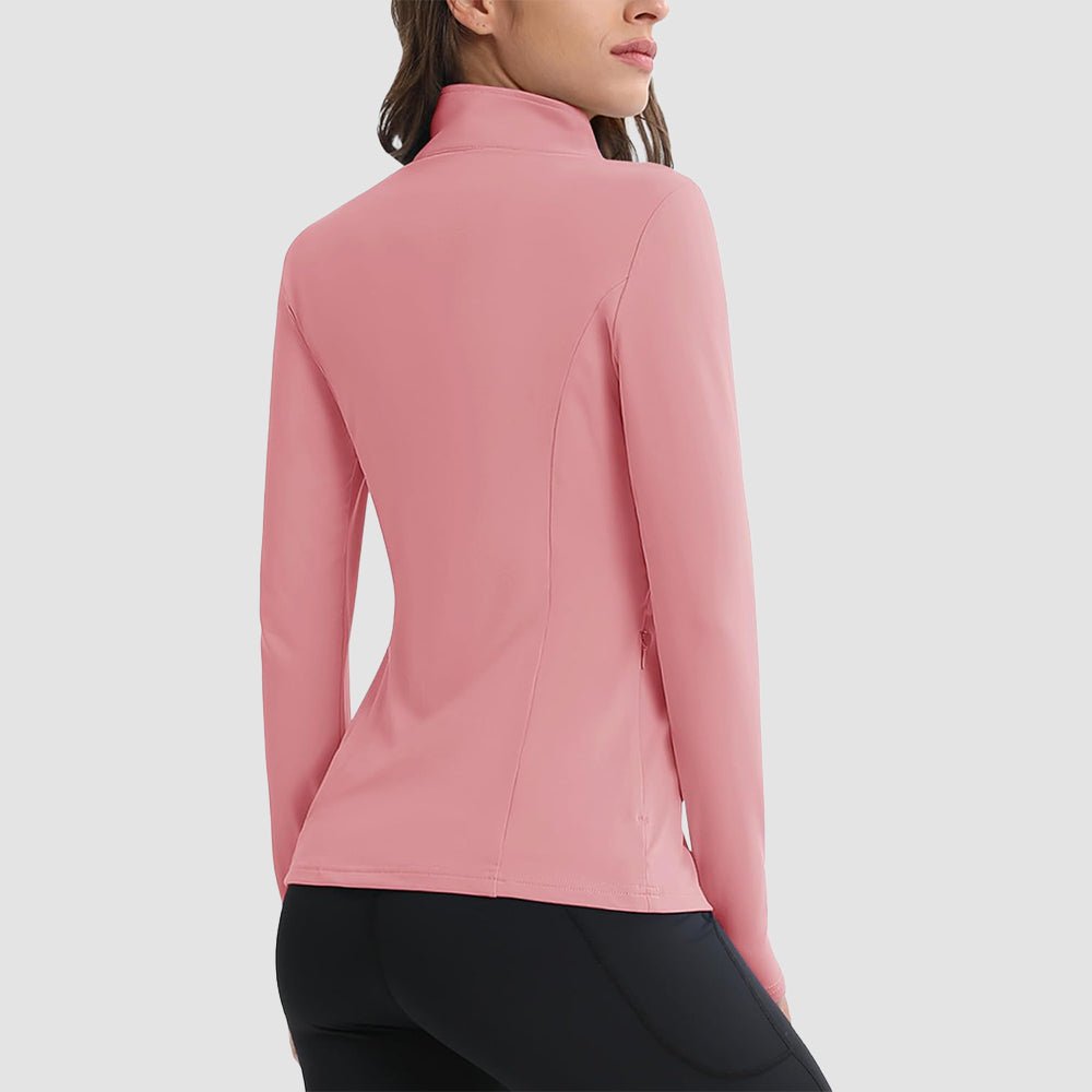 Gray Pink Women's Thermal Quarter Zip Athletic Running Shirt - MAGCOMSEN