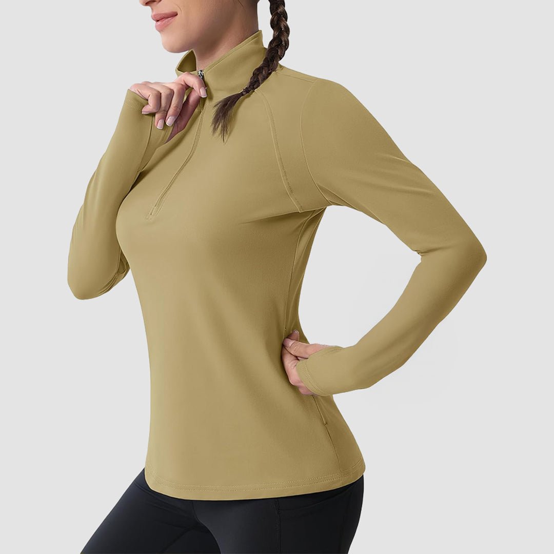 Khaki Women's Thermal Quarter Zip Athletic Running Shirt - MAGCOMSEN