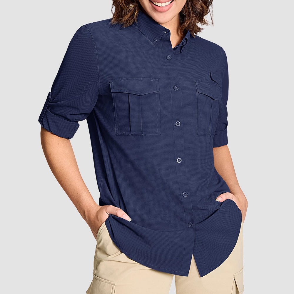 Navy Women's UPF 50 Sun Protection Long Sleeve Hiking Shirt - MAGCOMSEN