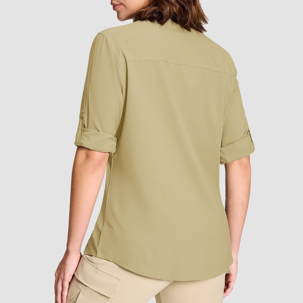 Light Khaki Women's UPF 50 Sun Protection Long Sleeve Hiking Shirt - MAGCOMSEN