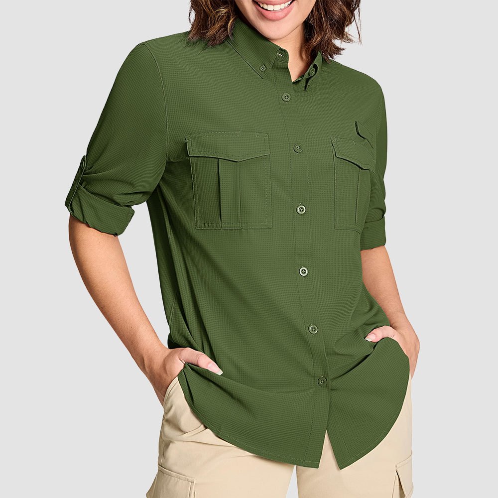 Army Green Women's UPF 50 Sun Protection Long Sleeve Hiking Shirt - MAGCOMSEN