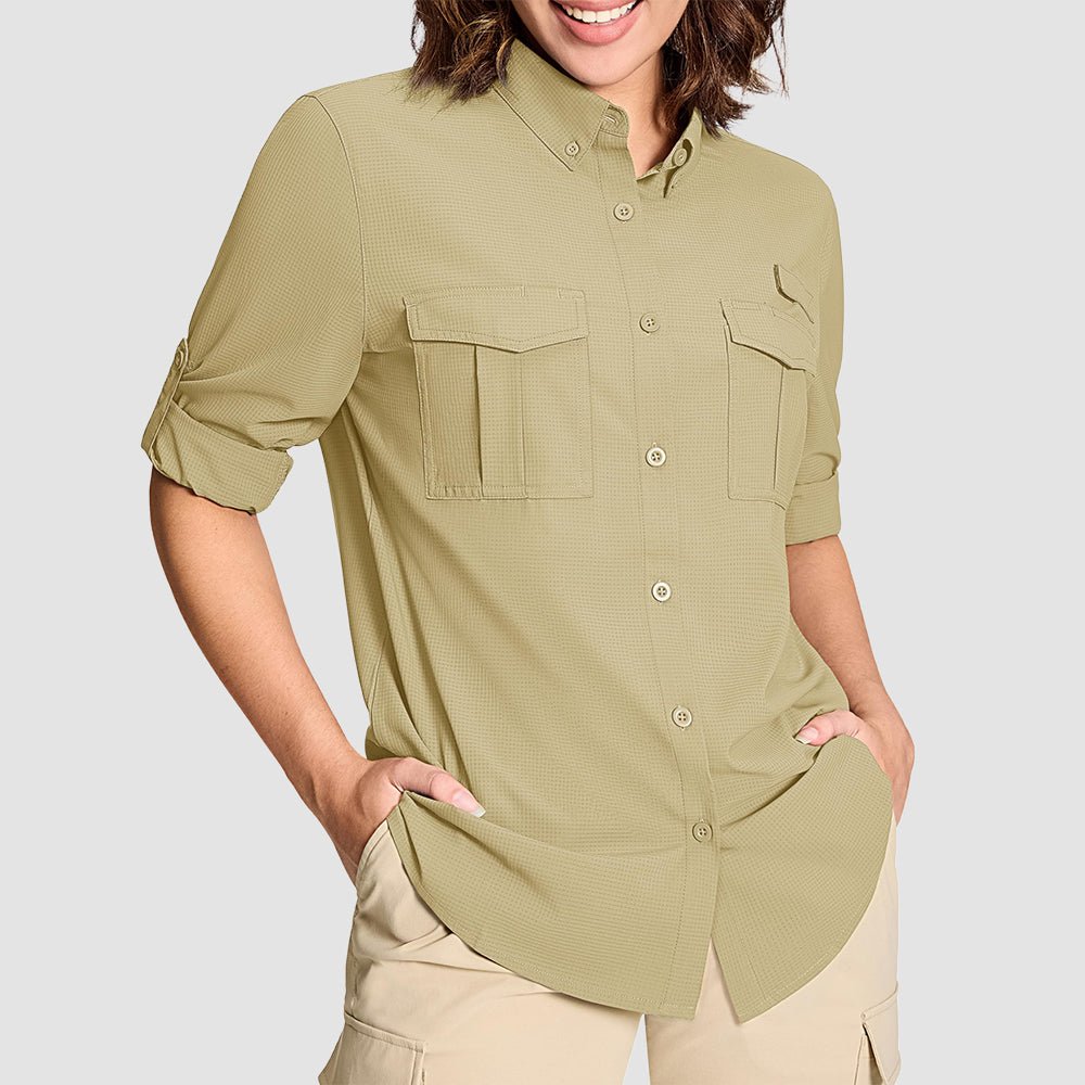 Light Khaki Women's UPF 50 Sun Protection Long Sleeve Hiking Shirt - MAGCOMSEN