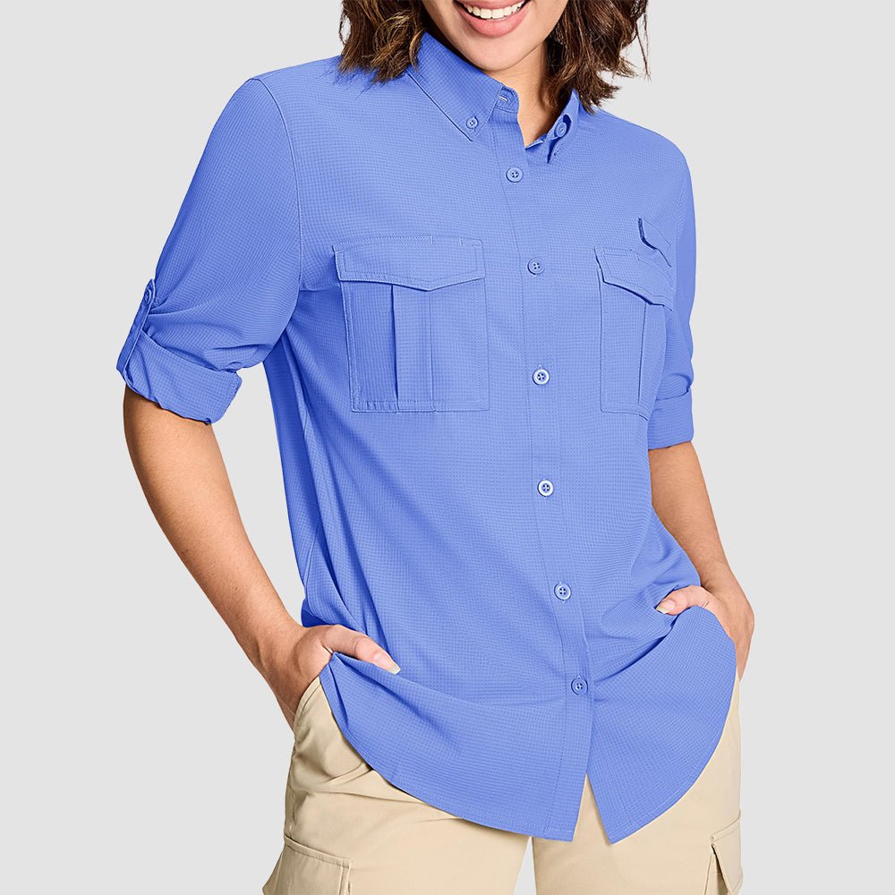 Light Blue Women's UPF 50 Sun Protection Long Sleeve Hiking Shirt - MAGCOMSEN
