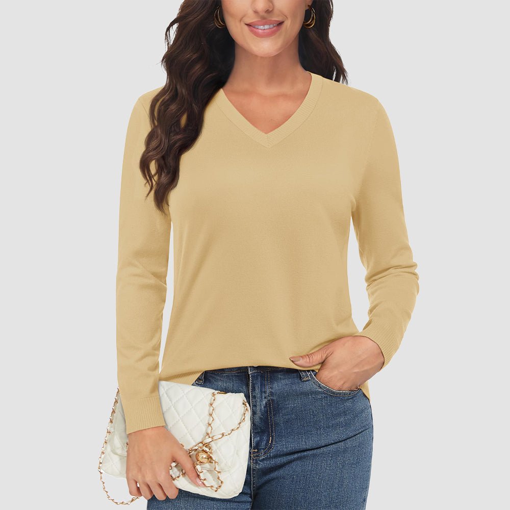 Apricot Women's V Neck Casual Knit Long Sleeve Sweater - MAGCOMSEN