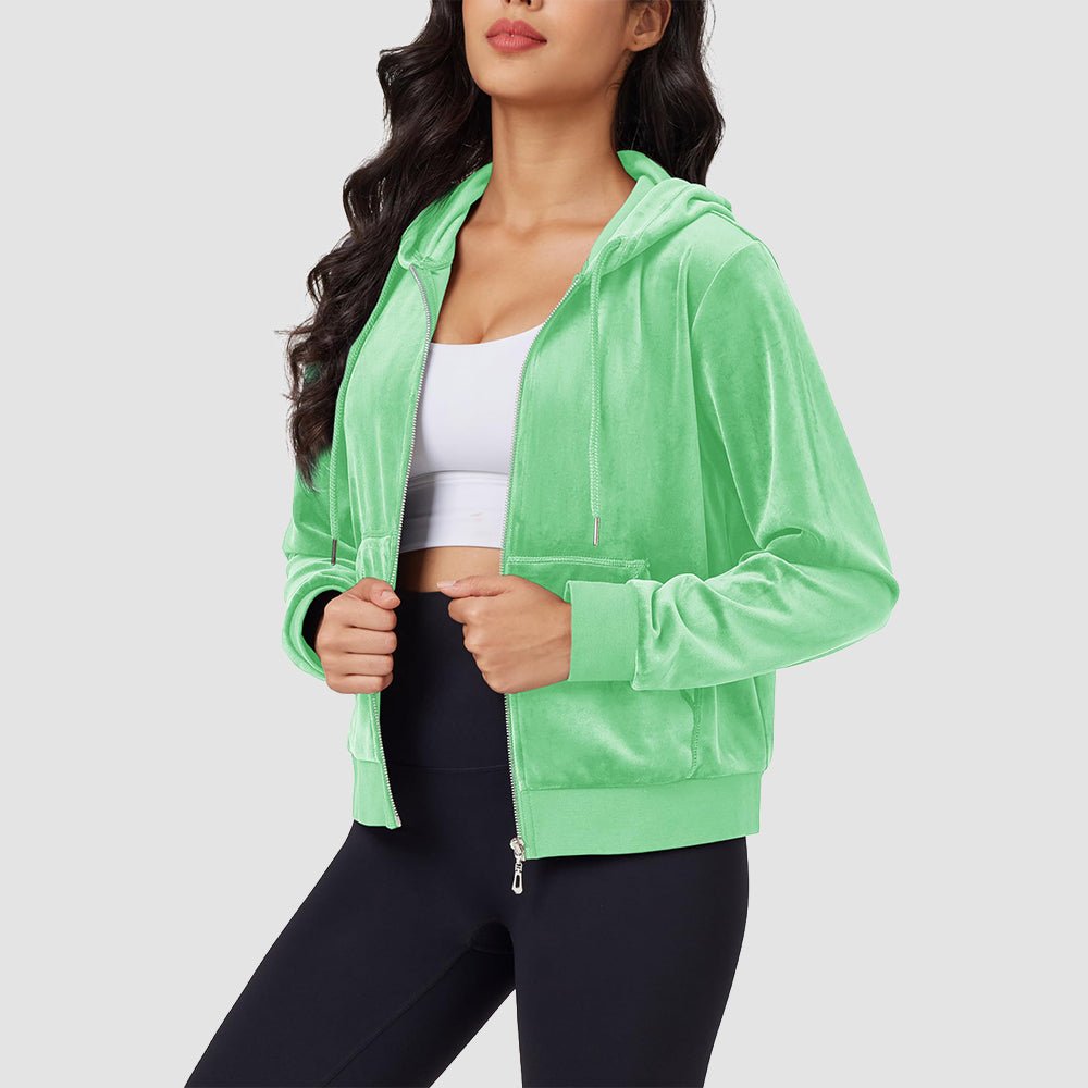 Mint Green Women's Velvet Crop Hoodie Jacket with Zip Pockets - MAGCOMSEN