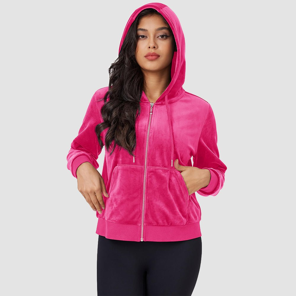 Rose Women's Velvet Crop Hoodie Jacket with Zip Pockets - MAGCOMSEN