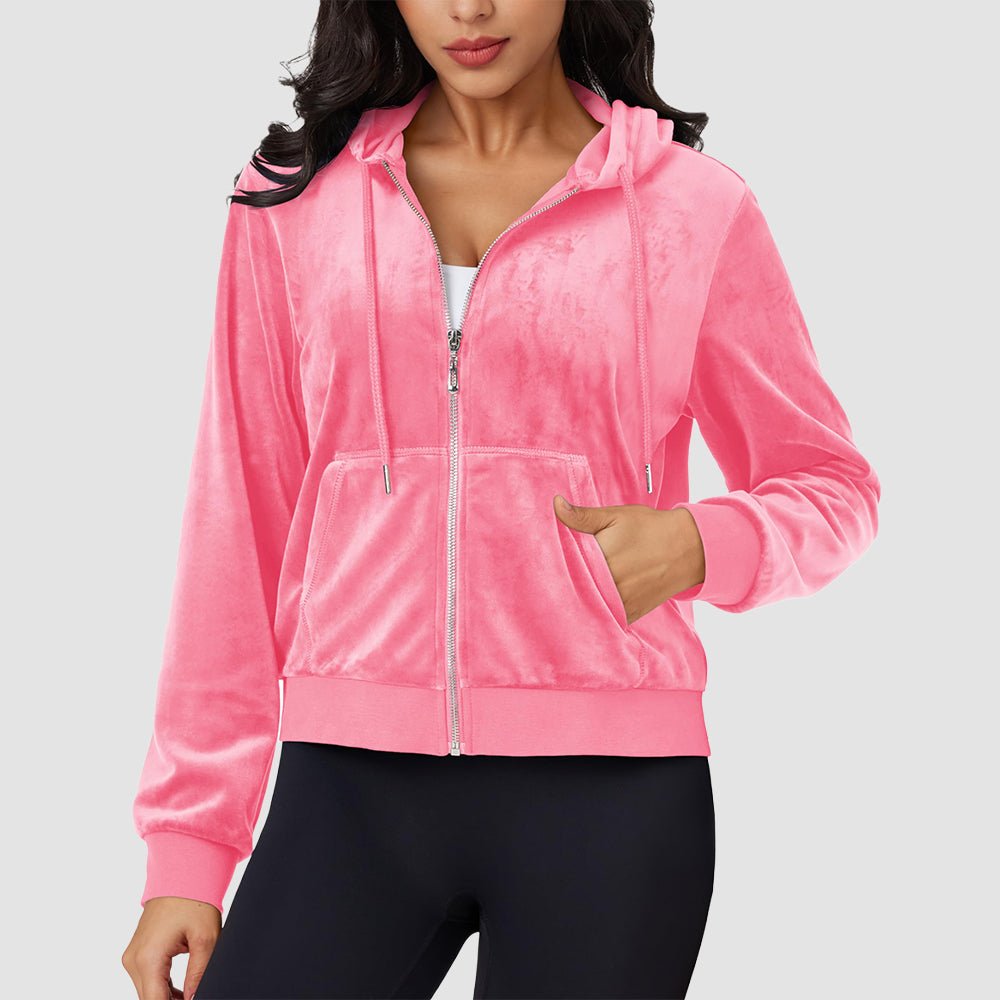 Bright Pink Women's Velvet Crop Hoodie Jacket with Zip Pockets - MAGCOMSEN