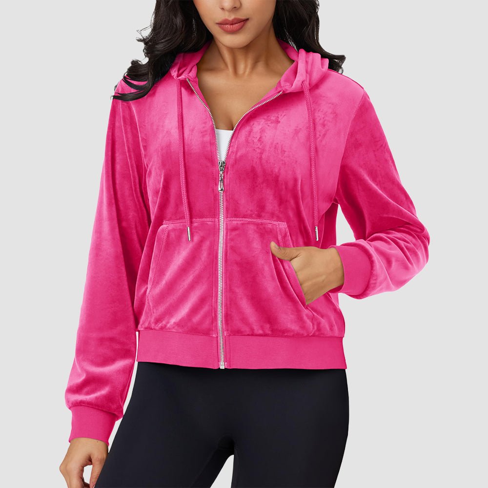 Rose Women's Velvet Crop Hoodie Jacket with Zip Pockets - MAGCOMSEN