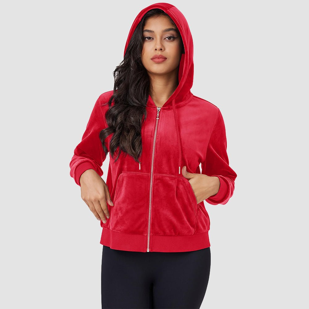 Red Women's Velvet Crop Hoodie Jacket with Zip Pockets - MAGCOMSEN